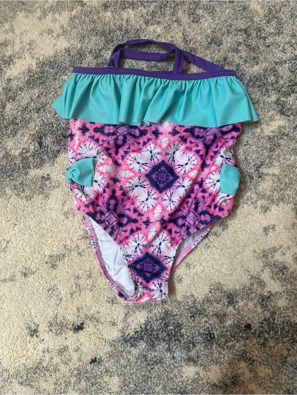 Girls' Pink Purple Tie-Dye One-Piece Swimsuit with Aqua Ruffle
